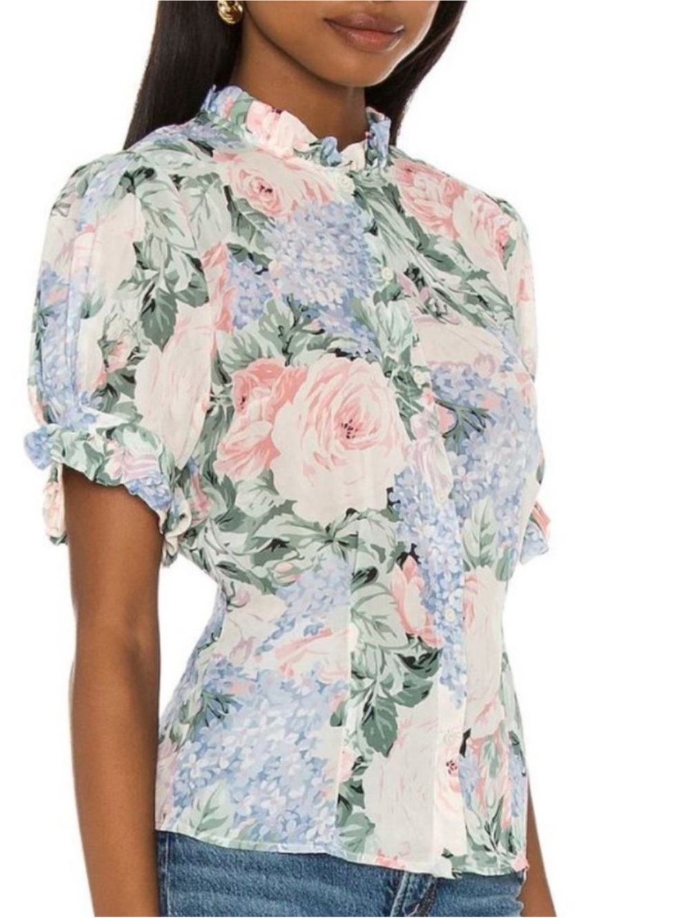 Selkie Elizabeth Blouse Puff Sleeve in Pastel Floral Ruffle Large
